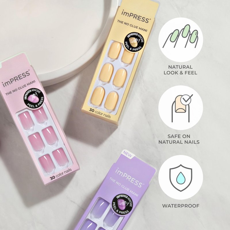 Kiss Impress Color Press-On Nails Polish-Free Manicure Set, ‘Dolce Pink’, 30 Chip-Proof, Smudge-Proof Fake Nails