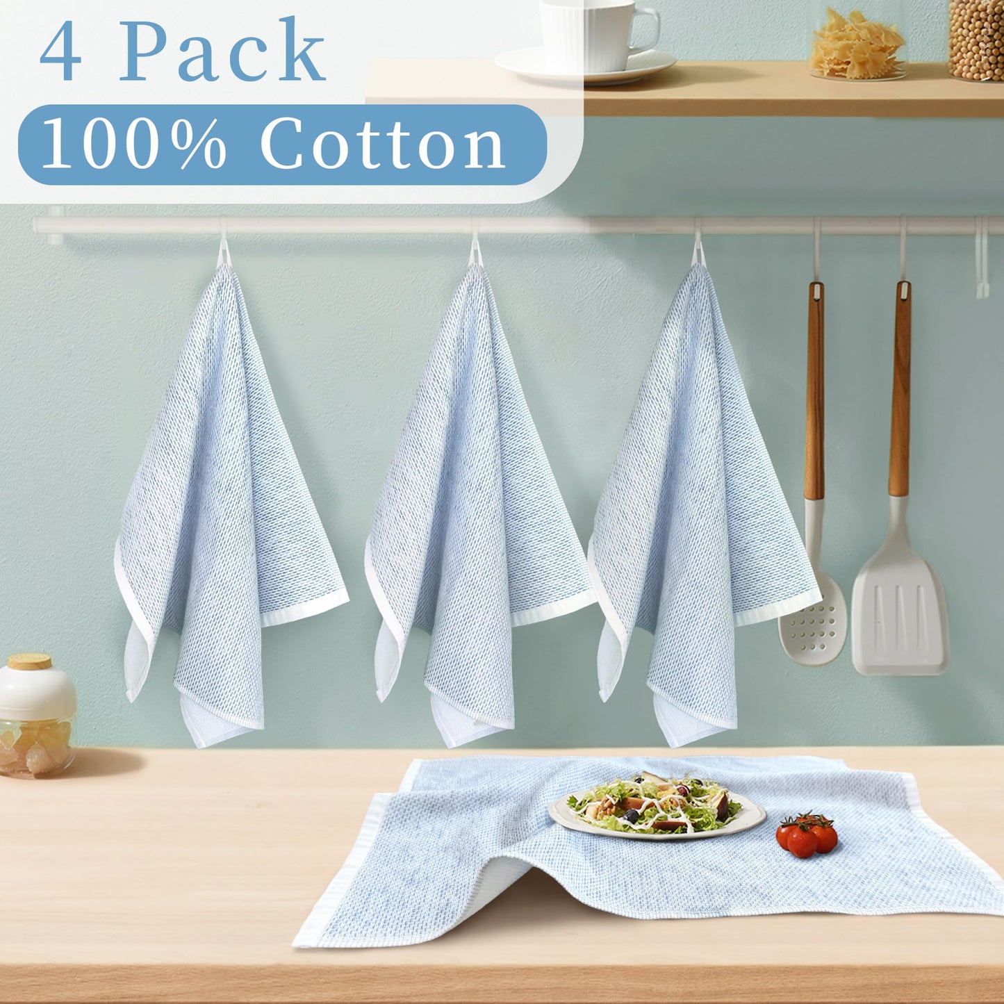 VOOVA & MOVAS Kitchen Towels Set of 4 (17"x25"), 100% Cotton Thick 450GSM | Absorption | Soft | Large, Dish Towels with Hanging Loop, Quick Dry Towel for Kitchen & Bathroom, Blue and White Jacquard