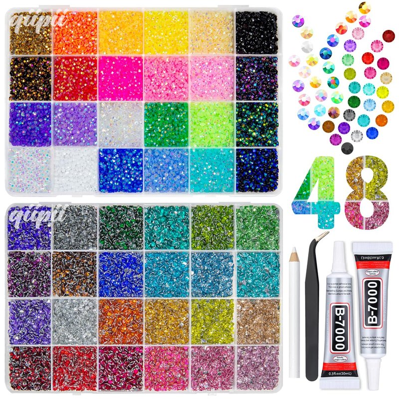 qiipii 48 Color 3mm SS10 Jelly AB & Crystal Colorful Resin Rhinestones for Bedazzling Crafting Flatback Stones Gems Diamonds Bedazzler Kit for Nails Eyes Face Makeup Tumblers Bottles DIY Crafts Shoes