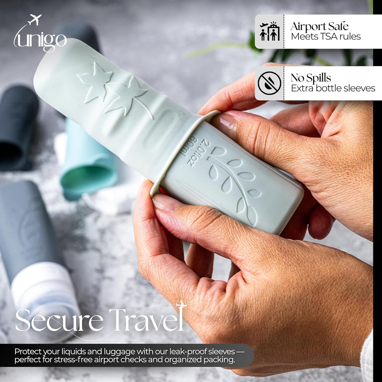 Unigo Travel Bottles Set - 30 Pack Leakproof Refillable Toiletry Containers | TSA Approved with Labels & Brushes