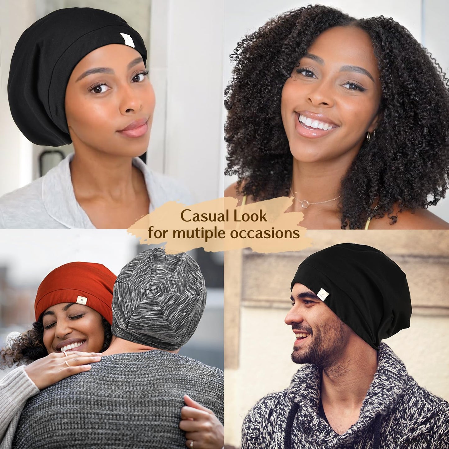 YANIBEST Slouchy Beanie Hat Satin Lined Sleep Cap Satin Bonnet Chemo Headwear Caps for Women and Men Pure Black