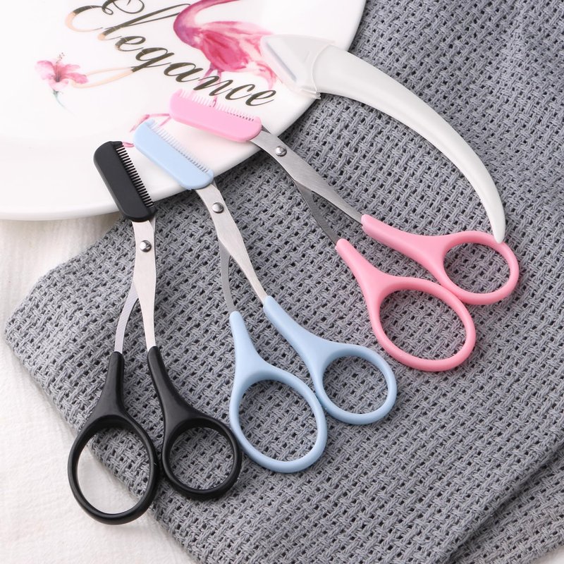 3pcs-Eyebrow Scissors with Eyebrow Razor,Professional Eyebrow Trimmer Scissors with Comb,Non Slip Finger Grips Eyebrow Trimmer, Hair Removal Beauty Accessories for Men Women (Black, Pink, Blue)