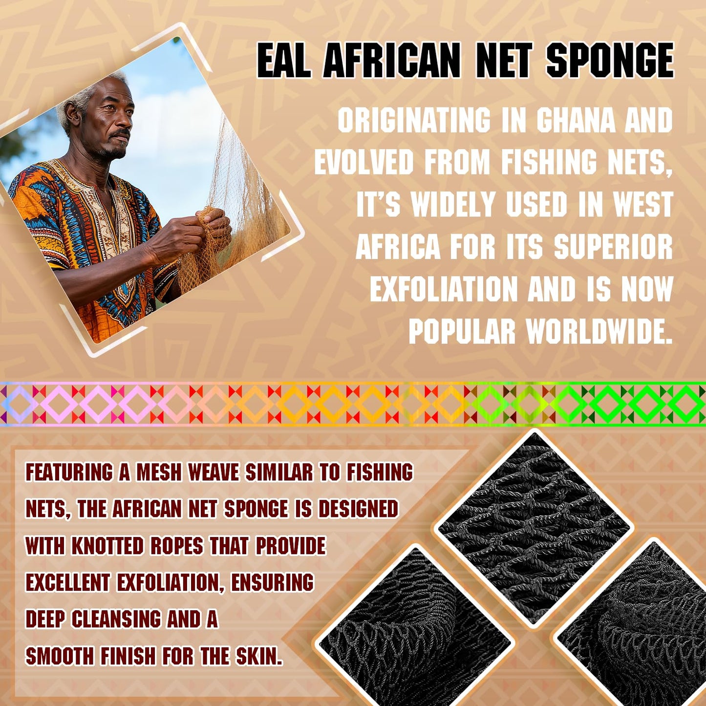 SpiralScgv Authentic African Net Sponge (2PCS) - Exfoliating Bath Tool, Face/Body Exfoliator, Travel Compact, Long-Lasting & Hypoallergenic(Black,White)