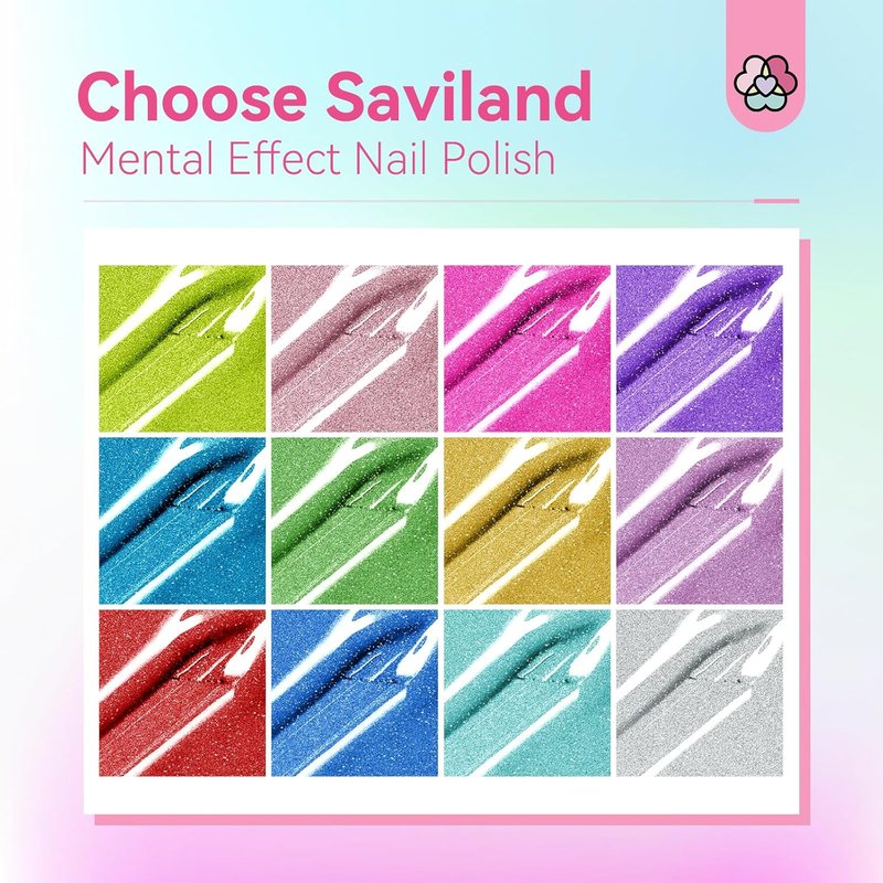 SAVILAND Metallic Nail Polish Set - 12 Chrome Colors with Base & Top Coat | Quick-Dry Glitter Holographic Finish
