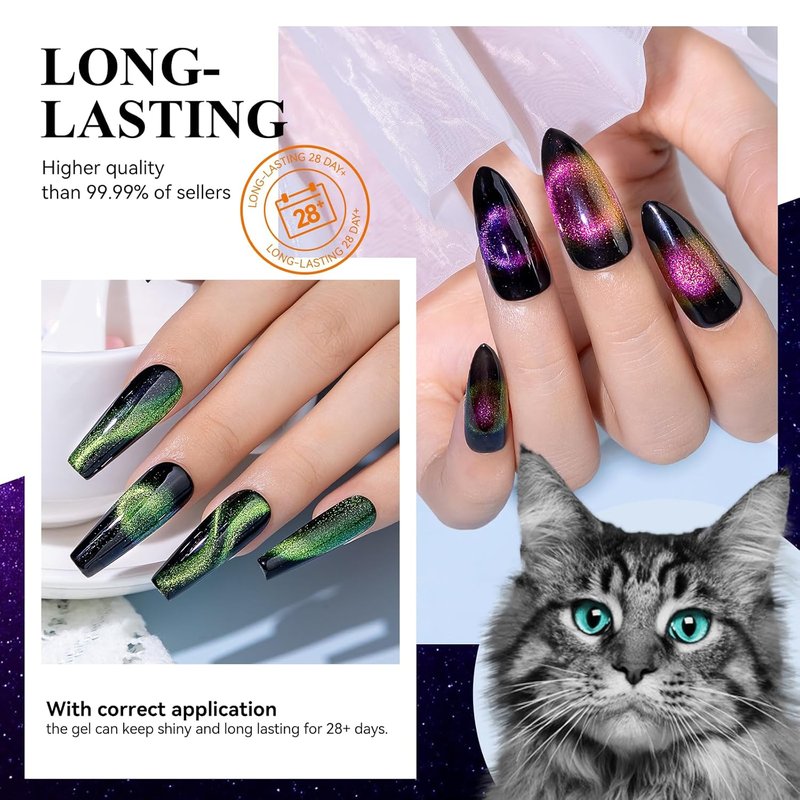 MIZHSE 9D Cat Eye Gel Nail Polish Set - Glitter Chameleon Magnetic Gel with Black & 2 Magnet Sticks