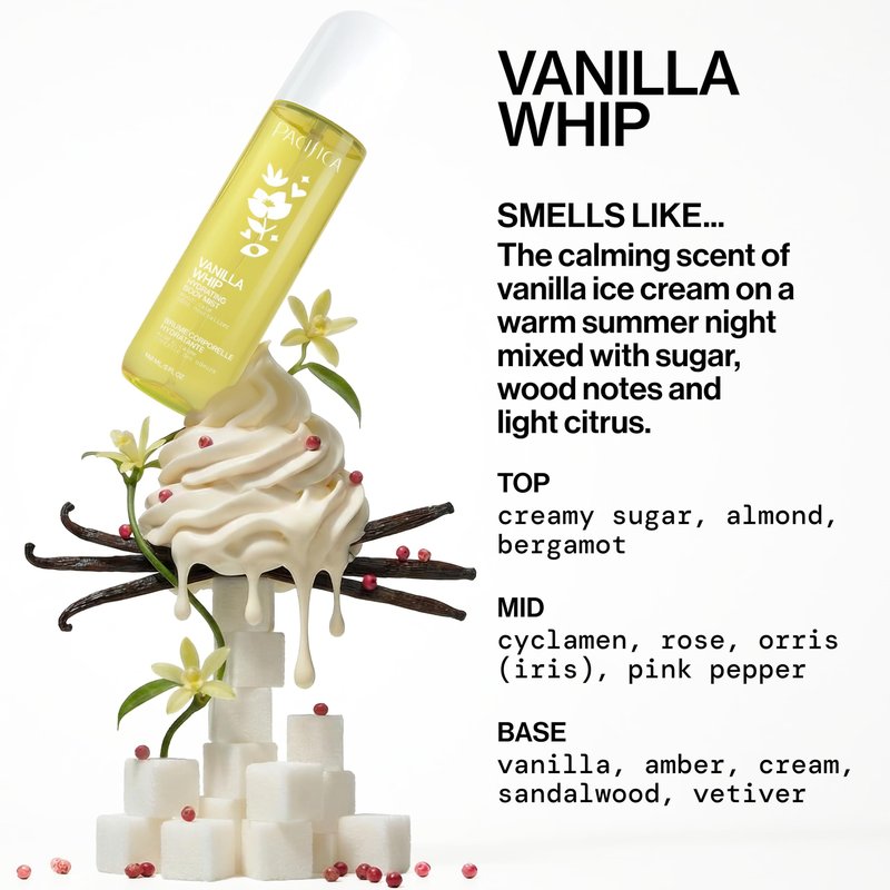 Pacifica Vanilla Whip Body Mist for Women; Sweet Gourmand Hair and Body Fragrance Spray | Warm Sugar Almond Scent, Odor Neutralizing, Skin Hydrating | Clean Botanical Mist | Vegan, Phthalate-Free 5oz