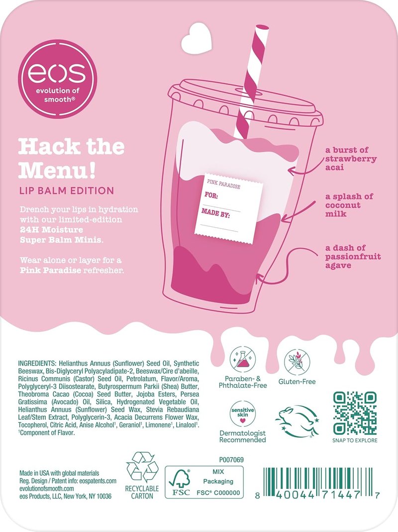 EOS 24H Moisture Super Balms Mini | Pink Paradise - Nourishing Variety Pack for Dry Lips, 0.169 fl oz (3-Pack)