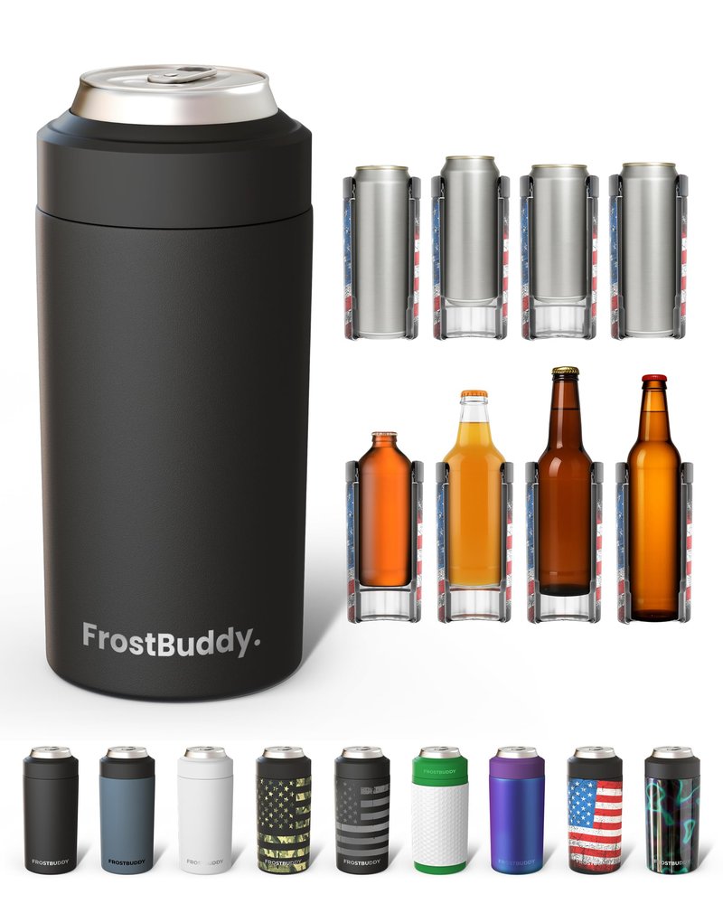 Frost Buddy Universal Can Cooler - Fits All - For Regular 12 & 16 oz or Slim-Size Bottles - Insulated Double-Walled Stainless Steel (MatteBlack)