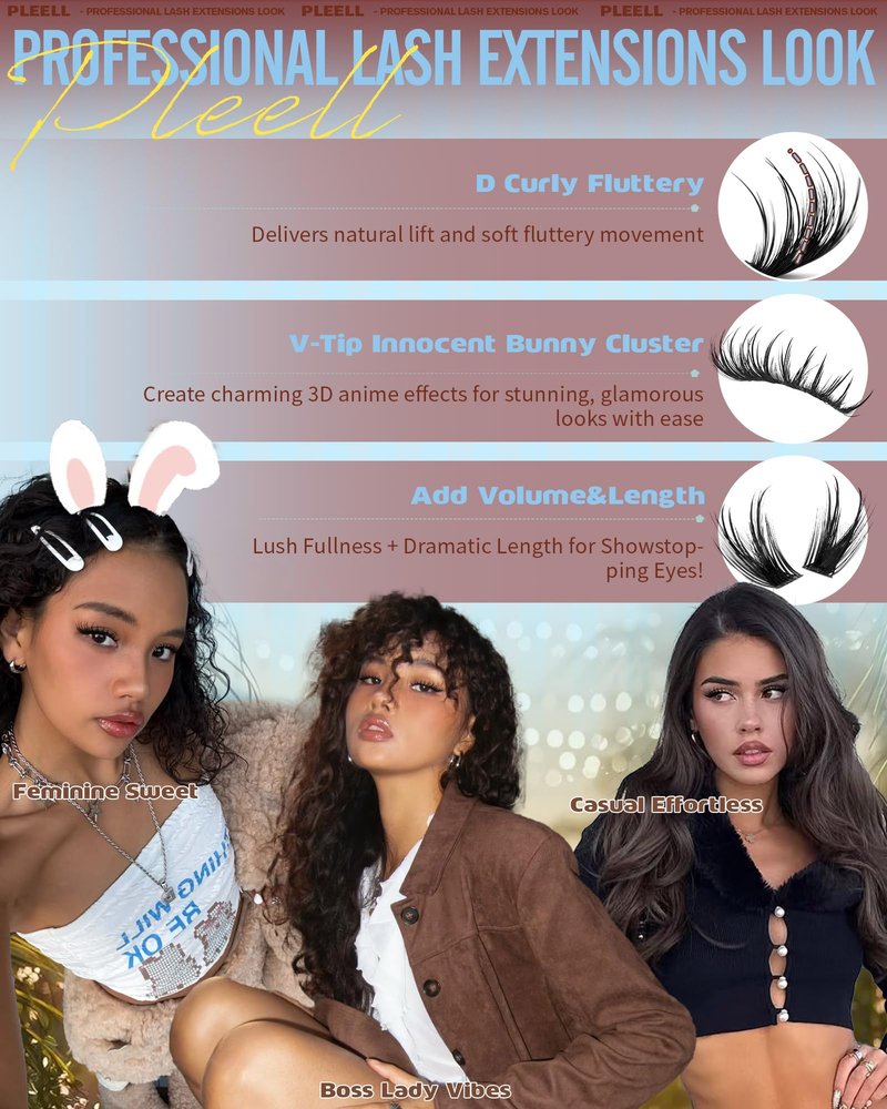 Pleell Lash Clusters Spikes Eyelash Clusters 14-22mm Wispy Lashes Clusters Manga Cluster Eyelash Extensions Bunny Cluster Lashes D-Curly Natural Volume Eyelashes Clusters