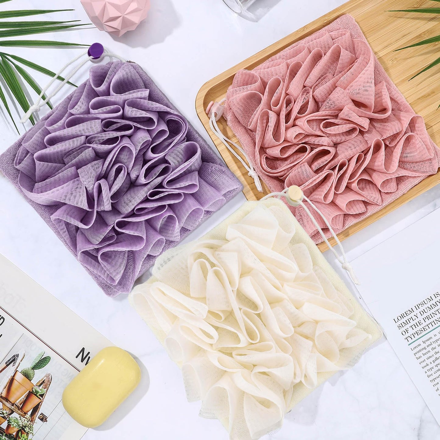 Swiffen 3 Pcs Washcloth Loofah Combo, 2 in 1 Bath Loofah Sponge with Drawstring, Exfoliation Mesh Shower Puff Ball for Body Wash Cleansing and Smooth Skin (Purple Pink Beige)