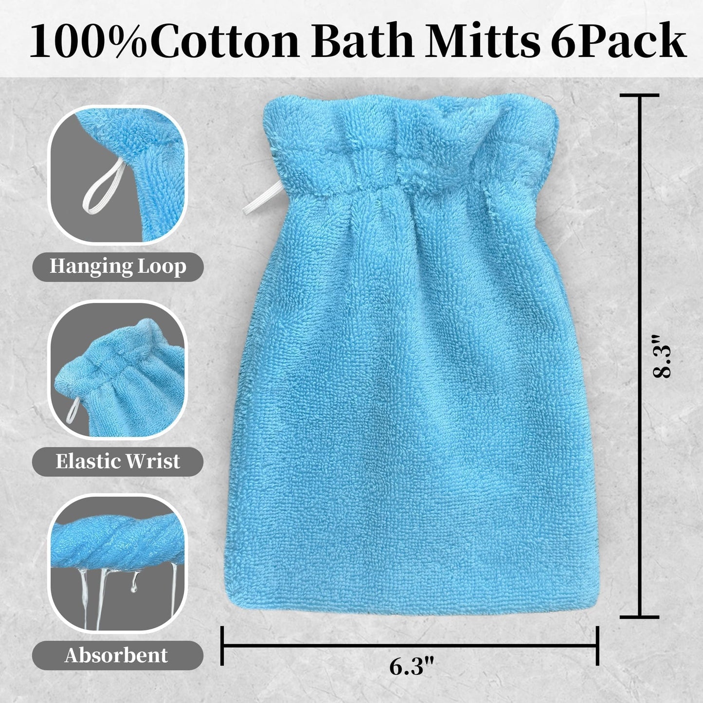 VOOVA & MOVAS Washcloths for Showering 6PC, 8.3x6.3 Inch,100% Cotton Soft Absorbent Bath Mitt with Hanging Loop, European Style Wash Cloths for Body Shower & Bath, Blue