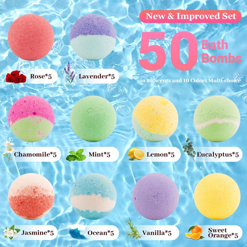 Organic Bath Bombs Set 50 PCS with 10 Rich Scents, Handmade Bath Bombs for Women with Essential Oils, Natural Bubble Bath for Moisturizing Skin, Spa Gift for Mother's Day Christmas Birthday Easter