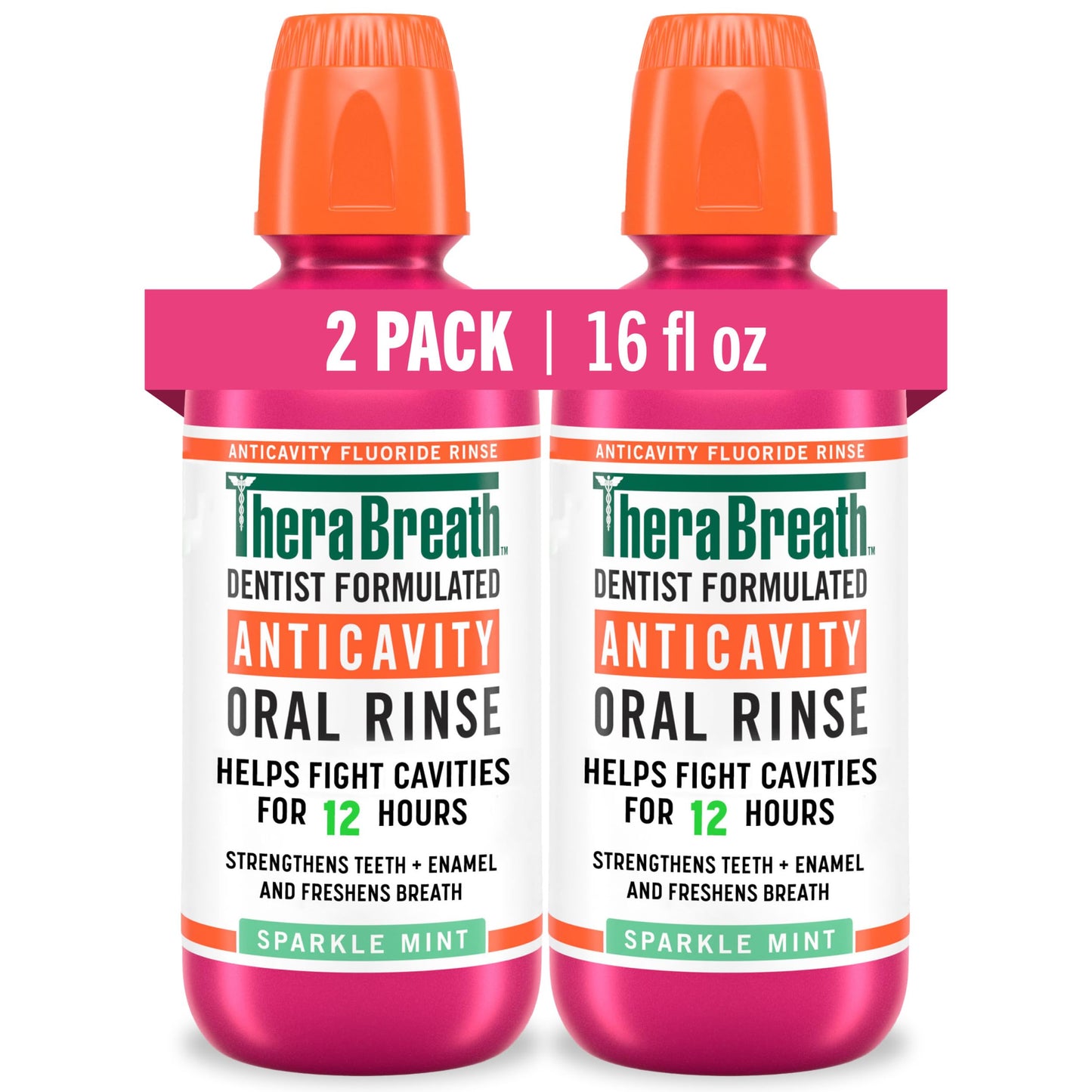 TheraBreath Anticavity Fluoride Oral Rinse Mouthwash, Fights Cavities, Strengthens Enamel and Freshens Breath, Dentist-Formulated, Alcohol-Free, Sparkle Mint Flavor, 16 fl oz, Pack of 2