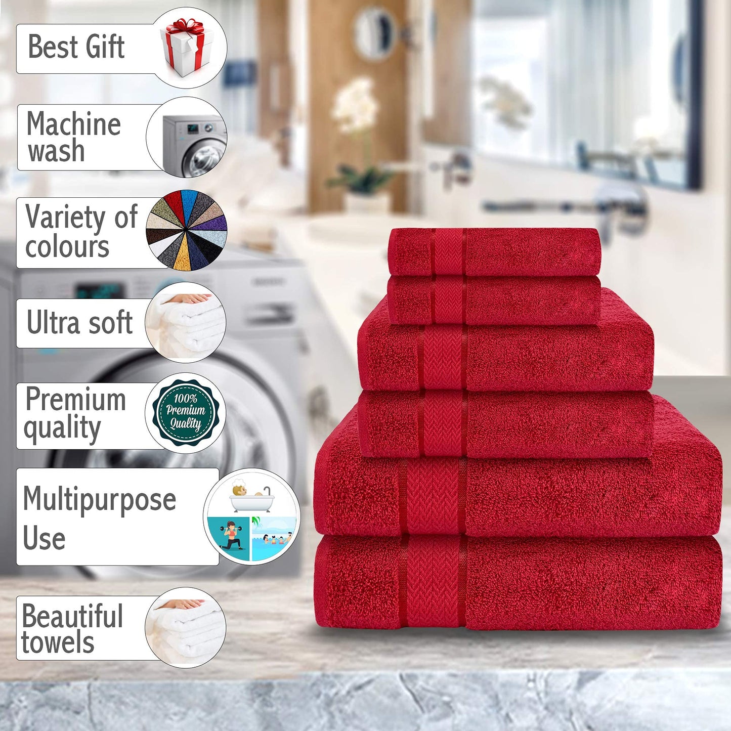 CRAFTBERRY 100% Cotton Bath Towels Set 6 Piece – Soft, Highly Absorbent, Quick Dry, Lightweight Feel – 2 Bath, 2 Hand, 2 Washcloths – Durable, Fade Resistant – Premium Everyday Comfort – Red