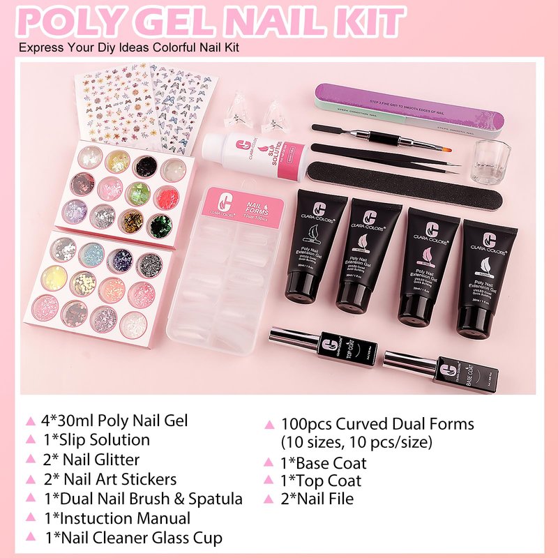 Clara Colors Poly Gel Nail Kit with 4 Colors - Clear, White, Jelly, Nude, Pink Builder, Extension, Slip Solution, Base, Top Coat, Gel, Nail Art Tools