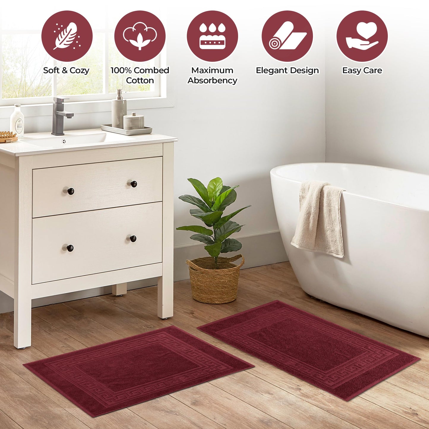 Superior Heavyweight Cotton Bath Mats, 2-Piece Rugs For Bathroom Accessories, Washable Rug For Shower, Toilet, Modern Decor, No Backing, Luxury Hotel And Spa Quality, Set of 2, 22" x 35", Burgundy