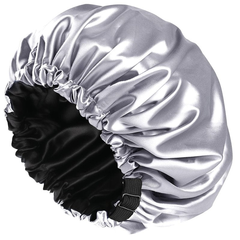 Shower cap for women,Luxury Silk Lined Shower Cap, Machine Washable, Adjustable Size & Reusable,Large Satin Shower Cap for all hair-gray