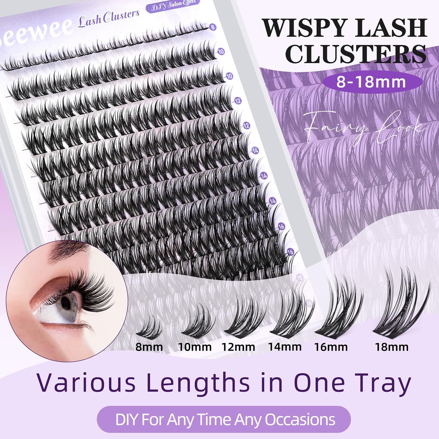 Wispy Lash Clusters 8-18mm C Curl Natural Lash Clusters 144pcs DIY Cluster Eyelash Extensions Individual Lashes Cluster with Spikes (S4 Lashes Only)