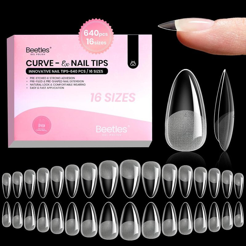 Beetles Gel Nail Tips - Almond Shape Medium Curve | 640pcs in 16 Sizes | Easy DIY Press-On Nail Extensions