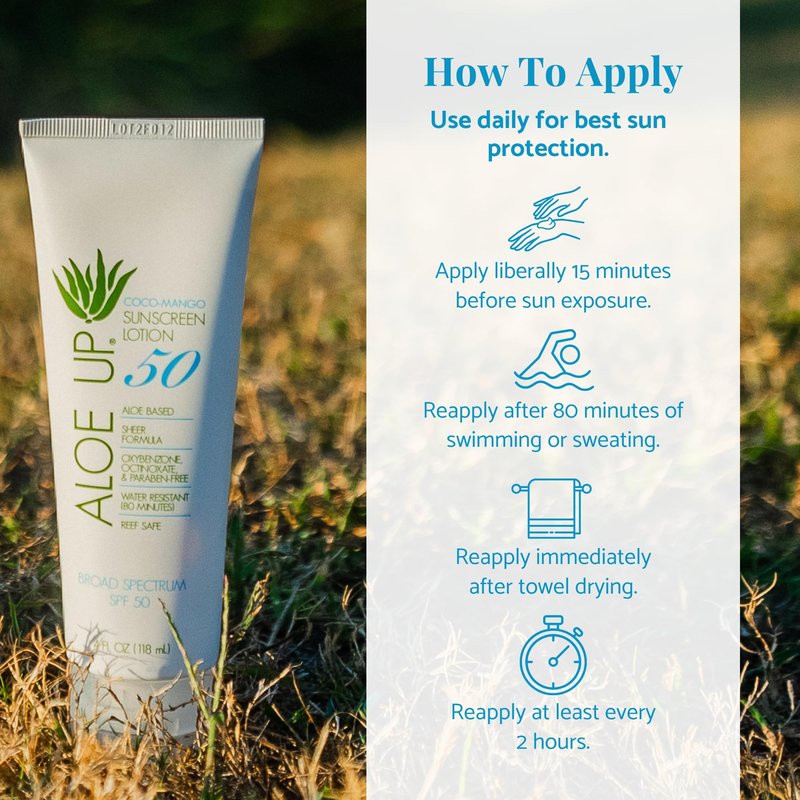 Aloe Up White Collection SPF 50 | Sunscreen Lotion for Face & Body with Aloe Vera Gel | Water Resistant up to 80 Minutes | Reef Friendly, Non Greasy, Fast Absorbing | Coco Mango Fragrance 4 Oz