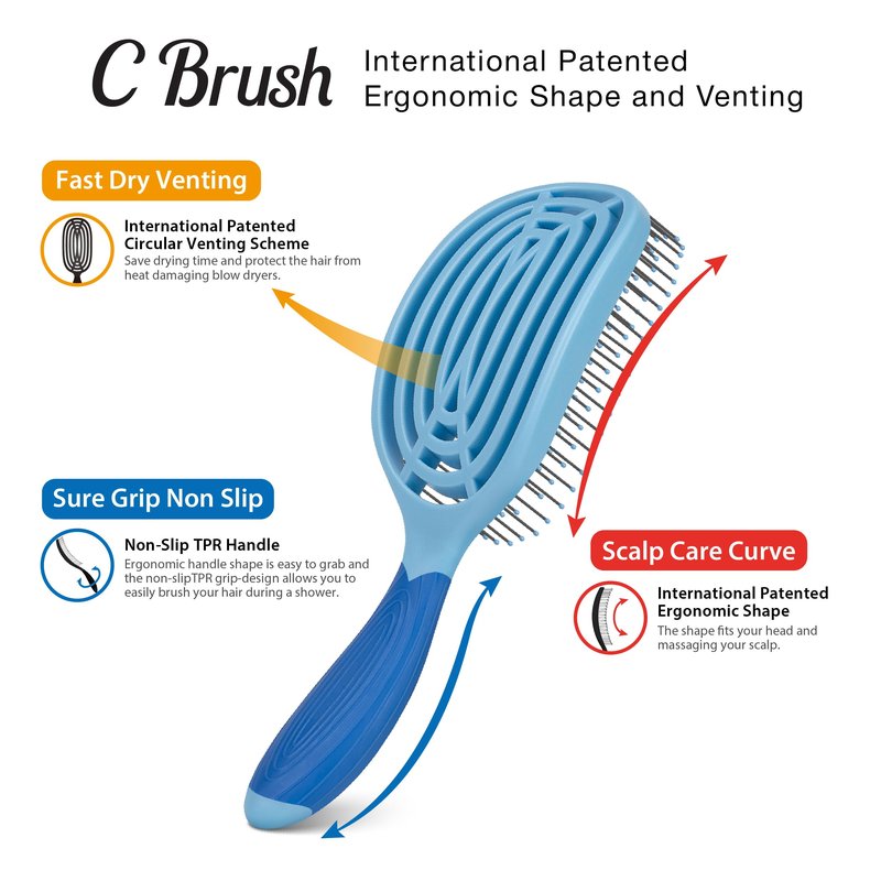 NuWay C Brush Scalp Care Detangling Hair Brush – Gentle Scalp Massage & Easy Detangling for Wet or Dry Hair, Everyday Hairbrush for Healthy Looking Hair (Sky Blue)