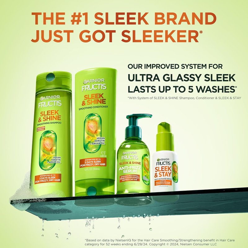 Garnier Fructis Sleek & Shine Shampoo Set - Frizz Control with Plant Keratin & Argan Oil | 3 Items