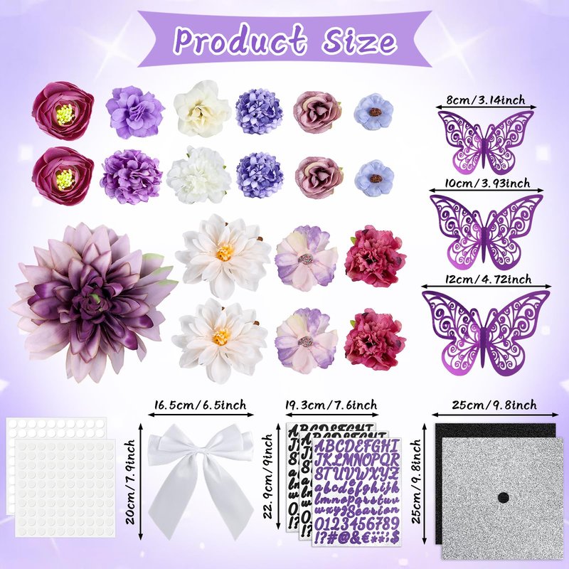 55 Pcs Purple DIY Graduation Cap Decorations Faux Assorted Flowers purple Bows 3D Butterfly Stickers Glitter Alphabet Letter Number Decals for DIY Hat Grad Cap Topper Graduation Party Supplies