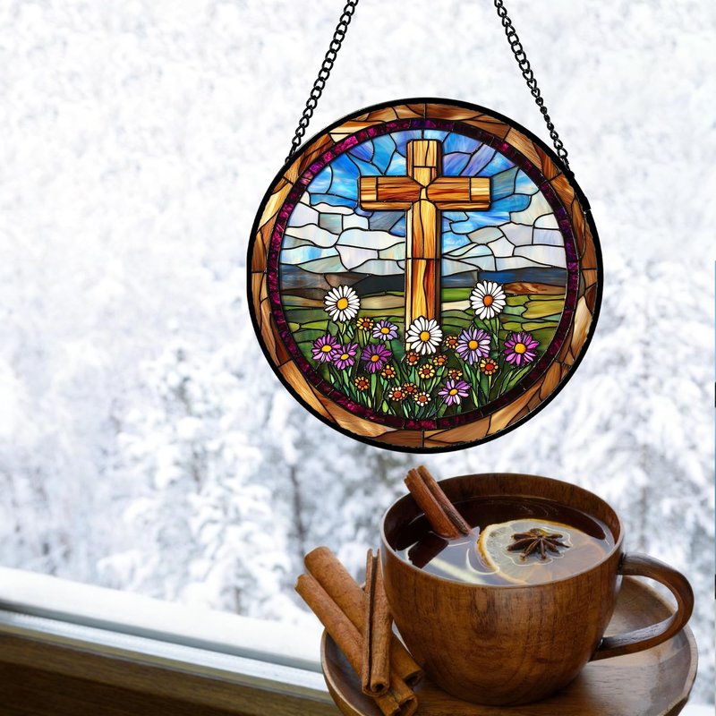 QZQCBLC Christian Gifts for Women - Cross Stained Glass Window Hanging Easter White and Purple Daisy Sun Catcher Garden Religion Decor Mother's Day Catholic Gift for Men Grandma Nana Her Mom 6.3"
