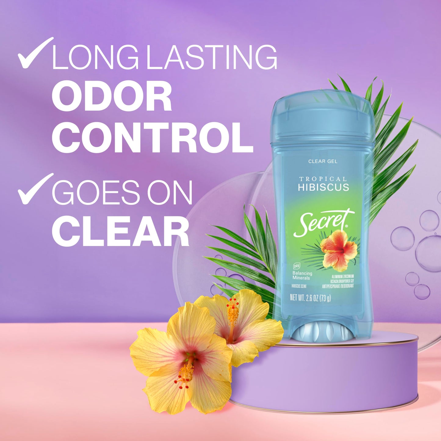 Secret Fresh Antiperspirant Deodorant for Women, 72hr Breathable Sweat & Odor Protection, Instant Freshness & Gentle, PH Balancing Minerals, Clear Gel, Tropical Hibiscus Scent, 2.6 oz