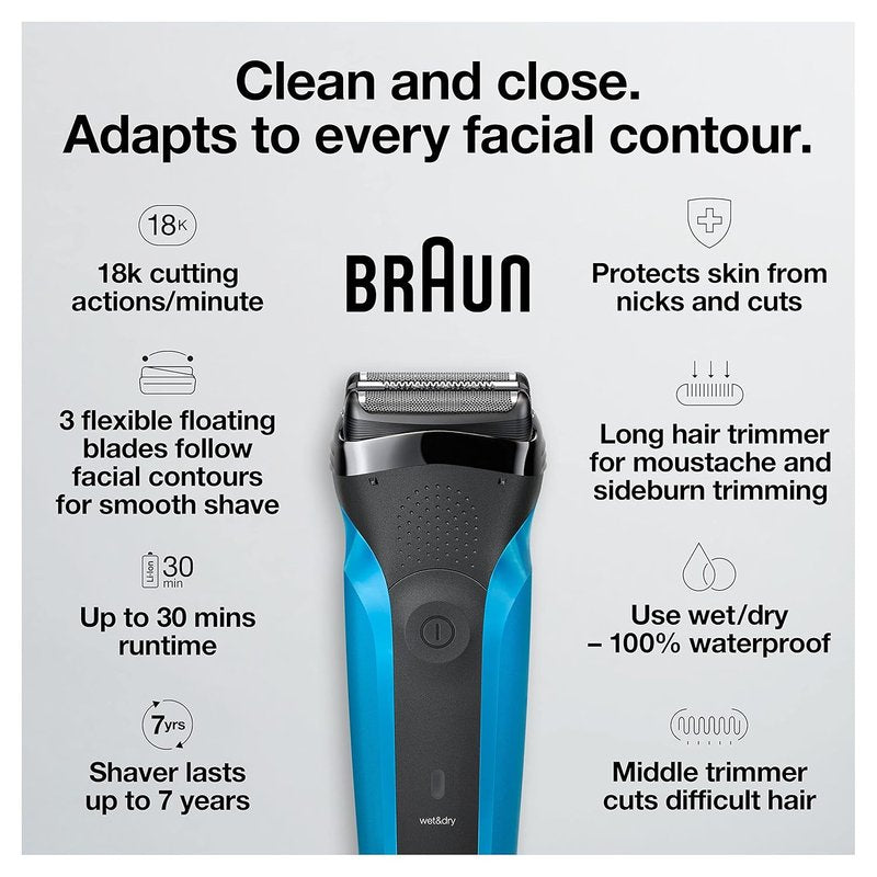 Electric Shaver for Men - Series 3 3010s Wet & Dry Rechargeable Razor | Blue