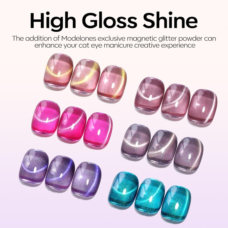 Modelones Cat Eye Gel Nail Polish Set, 6 Colors Coloful Neon Galaxy Champagne Lake Blue Grape Purple Gold Brown Hot Pink 9D Glassy Cat Eye Glitter Gel Polish with Magnet LED Soak Off Manicure Gift