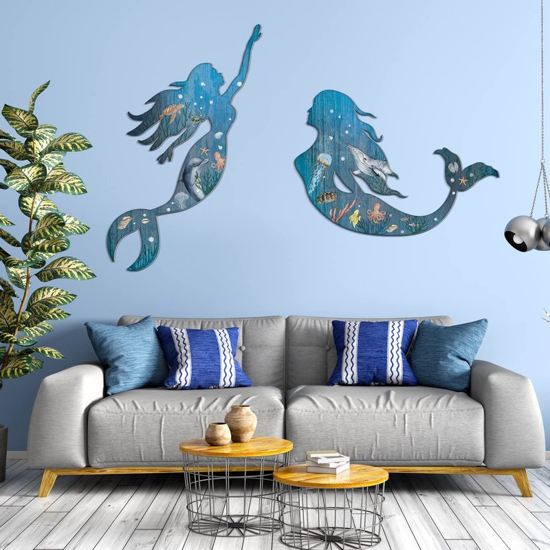Pelopy 2 Pack Metal Mermaid Wall Art Rustic Bathroom Hanging Mermaid Wall Decor Blue Sculpture Decorations for Room Patio Swimming Pool Bathroom