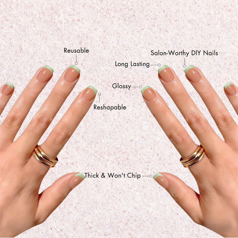 KXAMELIE Press On Nails Short - Square French Tip Press On Nails with Glue, Natural Nude Fake Nails in 15 Sizes - 30 Soft Gel Glue on Nails Kit for Women, Supremely Fit, Elegant Light Green French