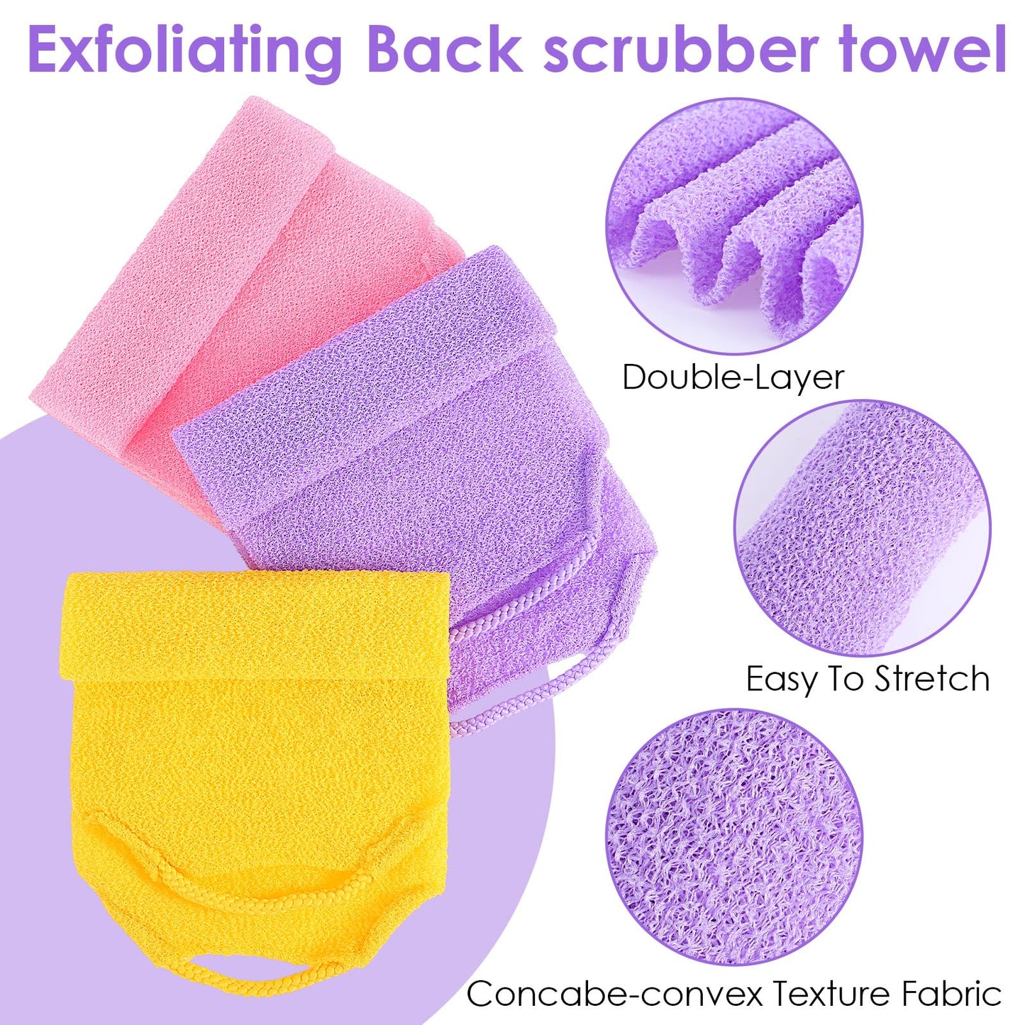 3 Pcs Back Exfoliator Body Scrub Towel, Double-Sided Back Loofah for Shower for Daily & Deep Skin Cleaning, Bath Backs Scrub Washcloth for Men & Women