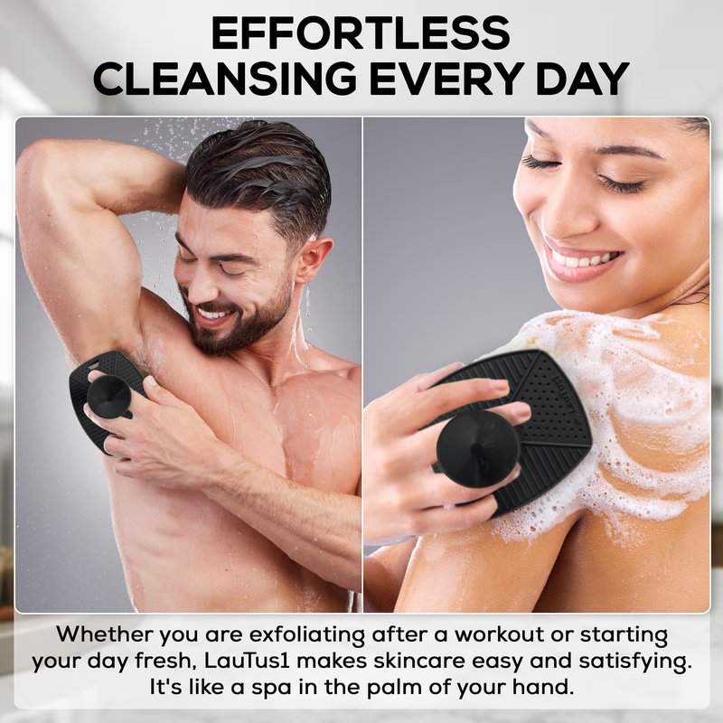 LauTus1 Silicone Body Scrubber — Suction Cup Mount & Hook, Gentle Exfoliating Shower Brush, Soft Loofah Alternative for Men, Women & All Skin Types — Graphite Black