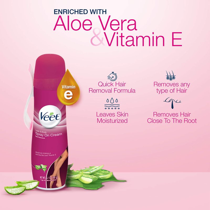 Hair Removal Cream – VEET Legs & Body 3 in 1 Spray On Hair Removal Cream, Sensitive Formula with Aloe Vera and Vitamin E, 5.1 oz Spray Can