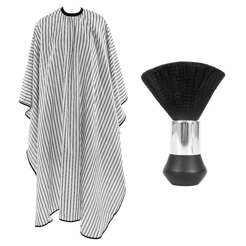 Professional Hair Cutting Cape - Large Salon Barber Cape with Neck Duster Brush | White with Five-Line Stripe