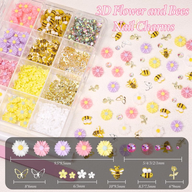 3D Flower Nail Charms, Cute Bee Daisy Flowers Charms for Acrylic Nails, Alloy Rose Butterfly Rivet Nail Charm and Rhinestones Gems for Nails Art Designs Accessories