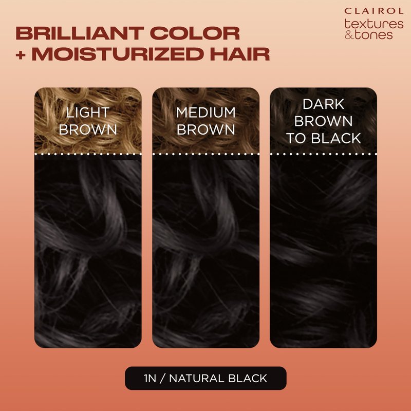 Clairol Textures & Tones Permanent Hair Dye, 1N Natural Black Hair Color | Ammonia-Free | Moisture-Rich Formula with Argan, and Olive Oil for Brilliant Shine | Pack of 1