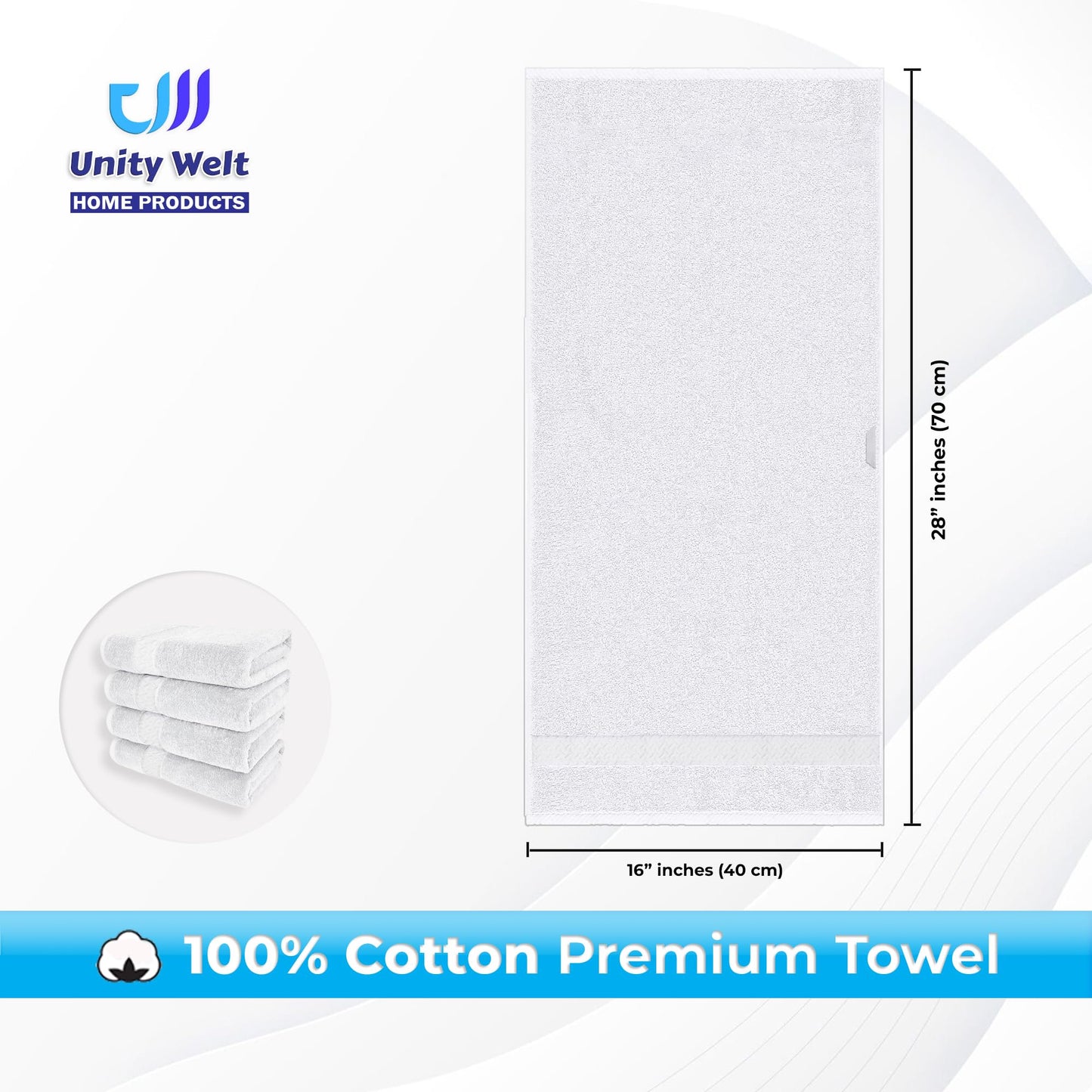 Unity Welt 100% Cotton Hand & Face Towels - Pack of 4, Size 28 x16 inch (70x40 cm), 600 GSM, Soft, Absorbent & Multipurpose for Gym, Spa, or Everyday Use (White)