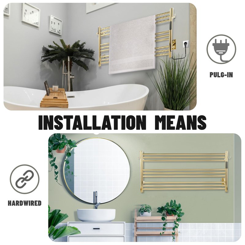 K&KALONZO Towel Warmer for Bathroom, Wall-Mounted 9-Bar Heated Towel Rack with Built-in Timer, Waterproof Electric Towel Heater, Support Plug-in and Hardwired, Polished Gold, EL13L