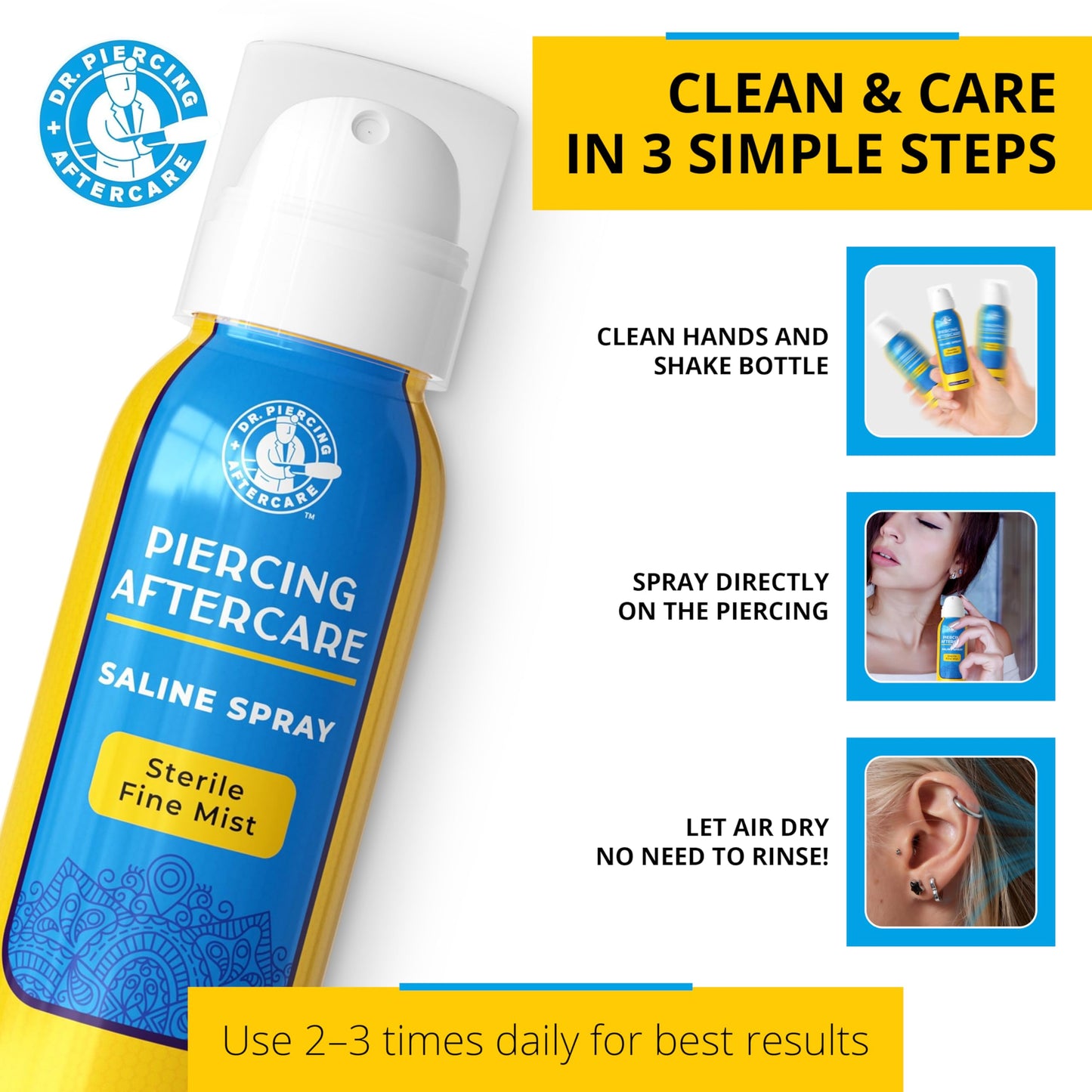 Dr. Piercing Aftercare Spray 4.0 oz Sterile Saline Solution - Gentle Mist Cleaner for Ear Nose and Body Piercings - Simple Two Ingredient Formula