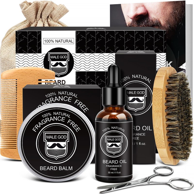 MALE GOD Beard Kit for Men Grooming & Care, Beard Growth Kit w/Natural Ingredients Beard Oil, Balm, Brush, Comb, Father's Day & Chirismtas & Birthday Gifts for Men Dad Him Husband Boyfriend