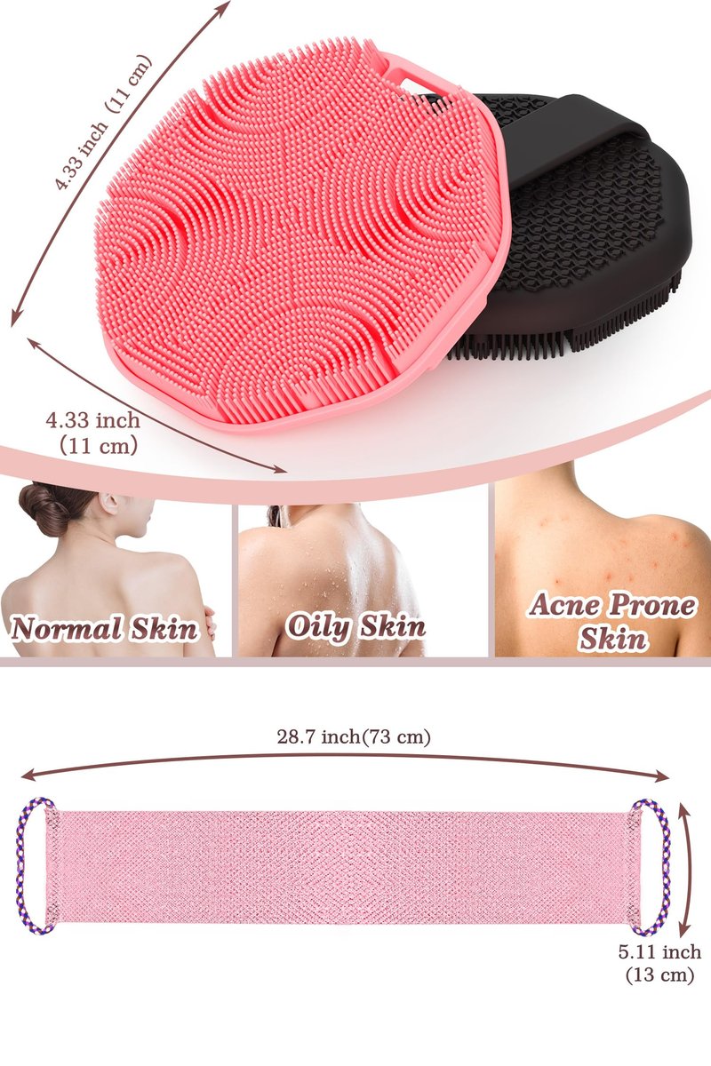 Manmihealth Soft Silicone Body Scruuber & African Bath Sponge Net Set, Gentle-Cleansing Shower Brush & Exfoliating Mesh Combination, Lathering Well Africa Wash Net Shower Scrubber (Pink)