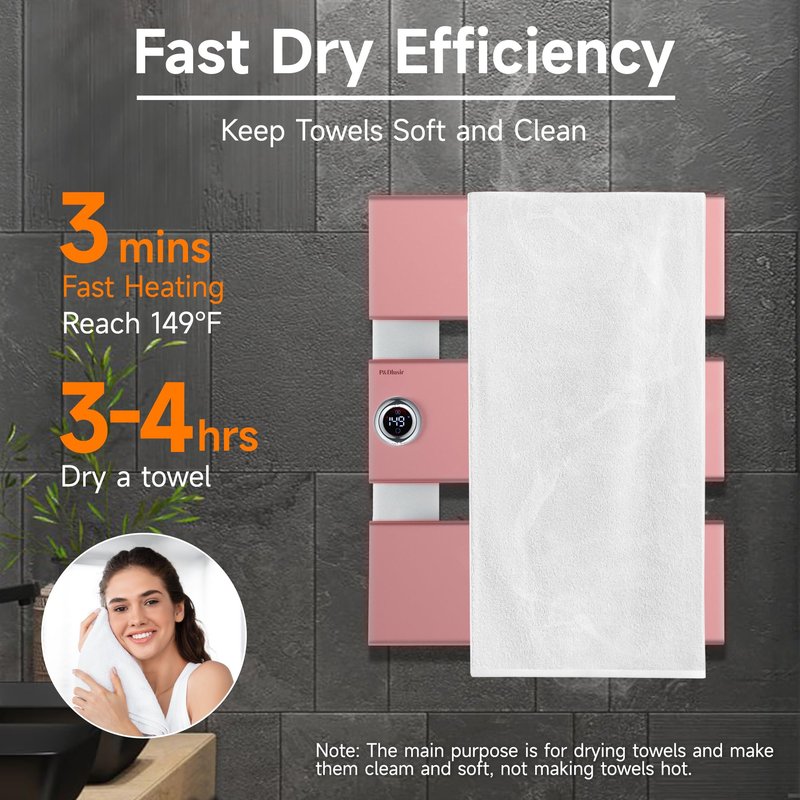 P&Dlusir Towel Warmer, Heated Towel Rack with Adjustable Temperature and Timer (1-24h, On), Fast Heating and Drying for Bathroom, Memory & Remote Control Compatible, Left-Wiring, 3-Panel, Silver