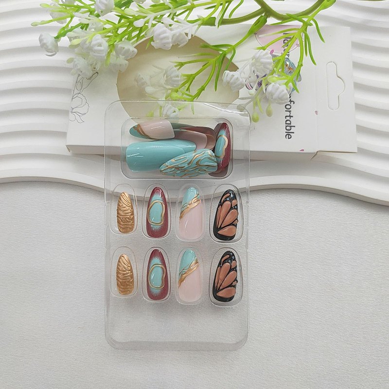 French Tip Press on Nails Medium Almond Fake Nails with 3D Butterfly Lines Designs Green Nails Press ons Gold Acrylic Nails for Women 24Pcs