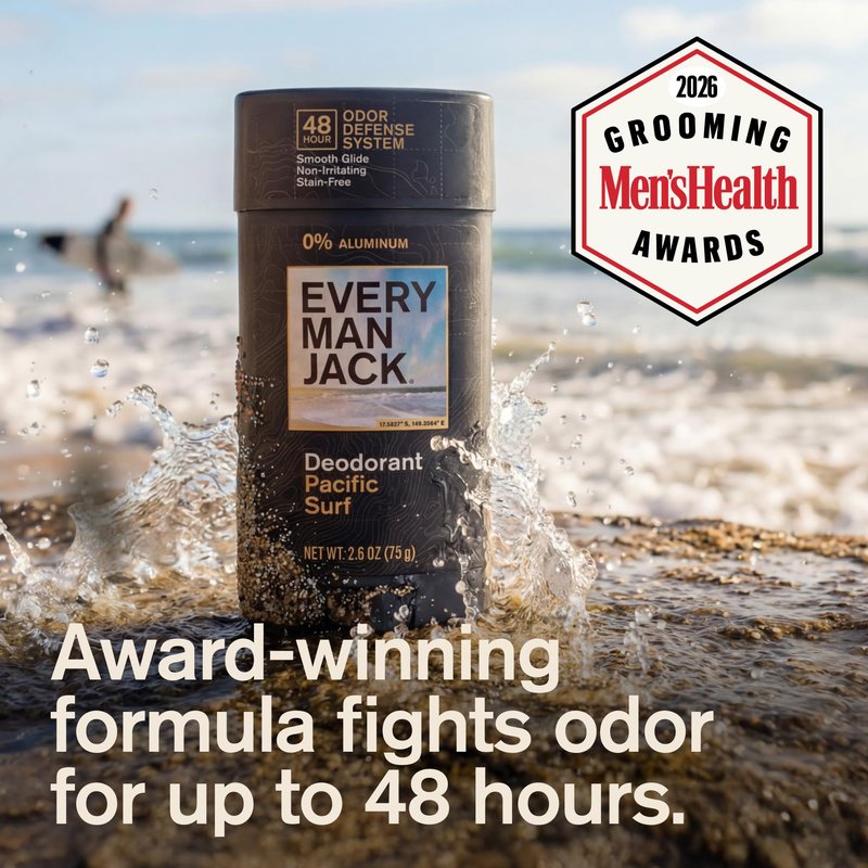 Every Man Jack Men's Deodorant - 48-Hour Odor Defense Blend - Aluminum Free - Contains Postbiotics, Tapioca Starch & Oat Powder - Pacific Surf Scent - 2.6 oz (2 Pack)