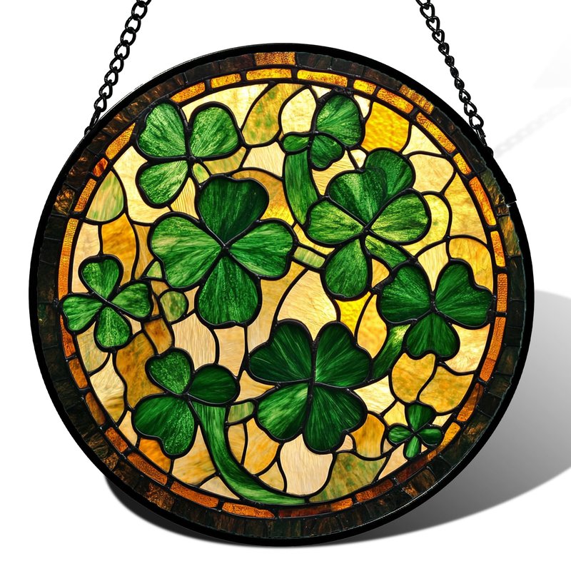 QZQCBLC Stained Glass Window Hanging Green Retro Lucky Clover 6.3" - Suncatcher Door Garden Sun Catcher Ireland Decor Birthday Mother's St. Ripack's Day Gift for Woman Mom Men Friend Nana Wife