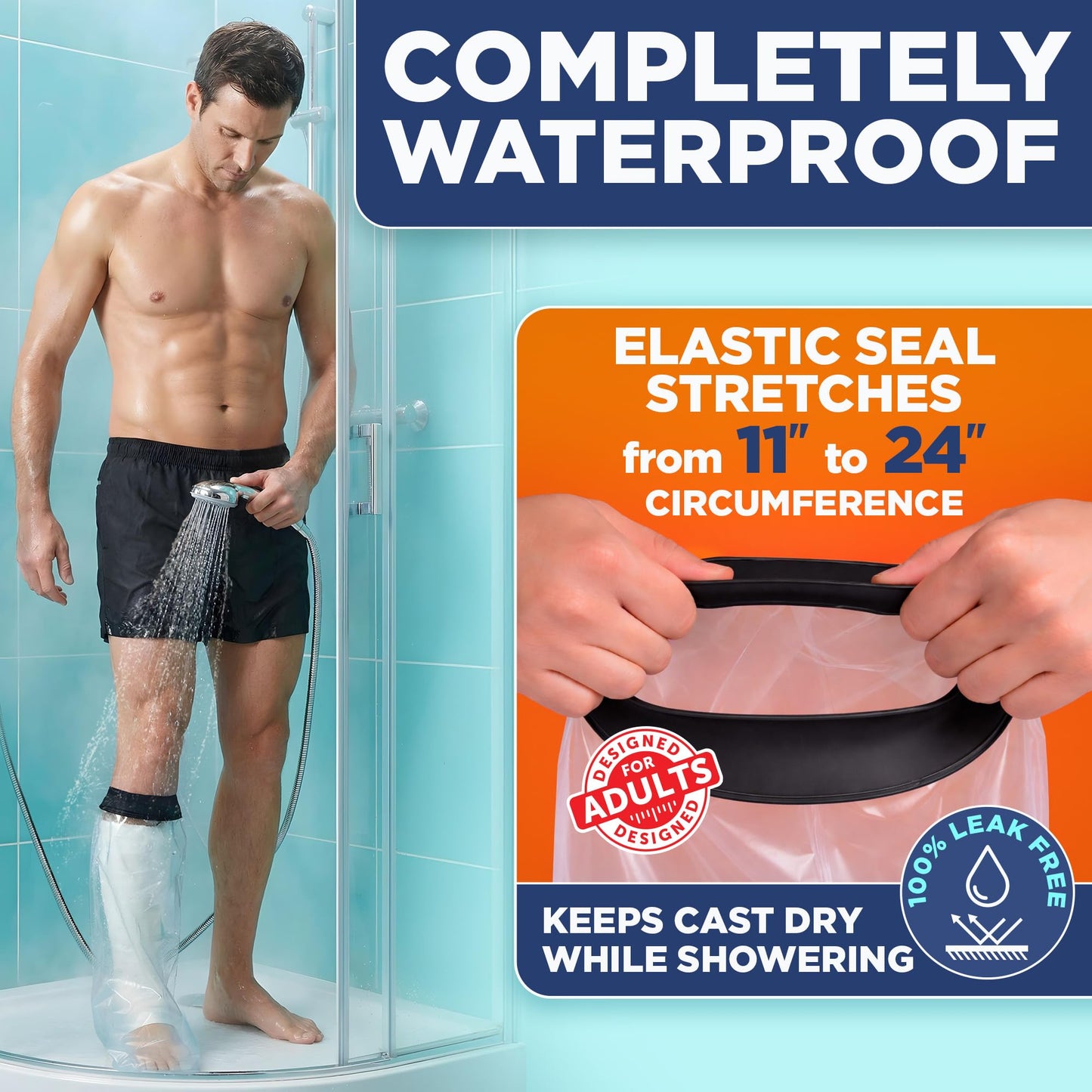 100% Waterproof Cast Covers for Shower Leg - Tight Seal - Reusable Adult Half Leg Cast Protector with Non-Slip Bottom - Knee, Ankle, Foot - Post Surgery Bandage & Dressing Bag for Wounds & Burns