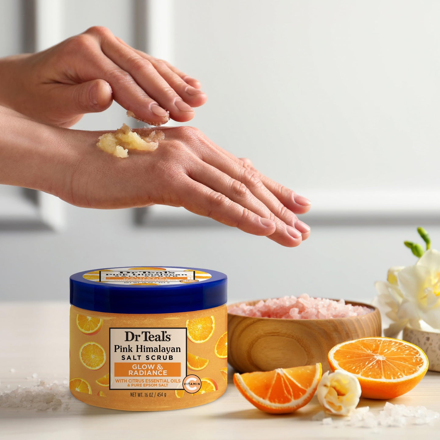 Dr Teal's Pink Himalayan Salt Body Scrub, Glow & Radiance with Pure Epsom Salt & Citrus Essential Oils 16 oz (Pack of 3)